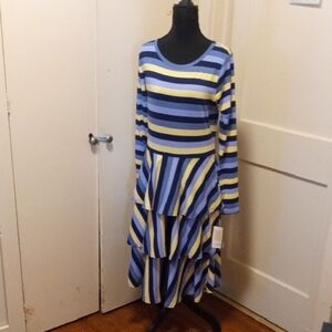 Blue and Yellow Striped Long Sleeve Dress